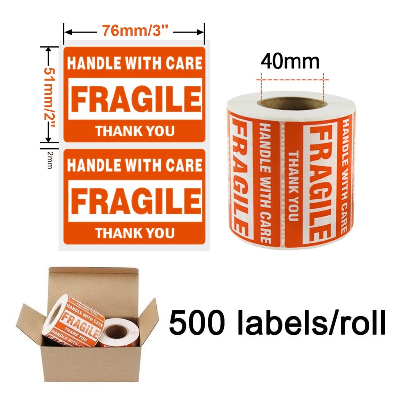 SJPACK 500 Fragile Stickers 1 Roll 2" x 3" Fragile - Handle with Care - Thank You Shipping Labels Stickers (500 Labels/Roll) - Image 3